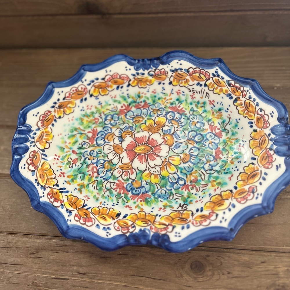 Handcrafted Floral Ceramic Plate 10 1/2 length 7 1/2 wide